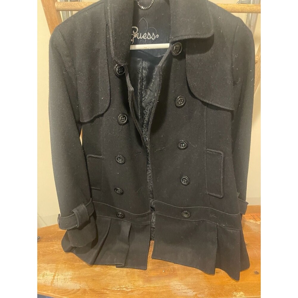 Guess Black Skirted Wool Pea Coat M